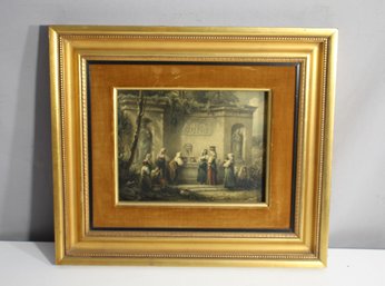 Vintage Framed European Scene Print With Gold Velvet Mat