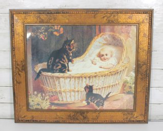 Vintage Framed Baby & Kittens Print  Ornate Gold Frame  21.5H X 25W