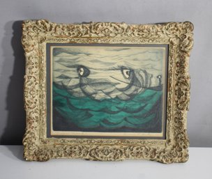 'Ocean Mood' Signed Print By Rebecca B. Hanks - 1957, Ornate Frame