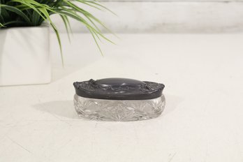 Vintage Oval Cut Glass Trinket Box With Ornate Silver Tone Floral Metal Lid 4"