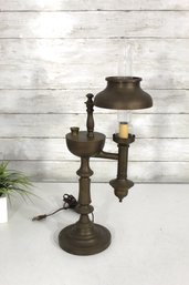 Vintage Brass Student Lamp Style Electric Table Lamp With Chimney Shade  Works Great