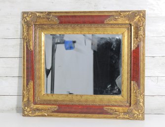 Vintage Gilt Framed Wall Mirror  Ornate Gold W/ Red Accent Frame  21.5' X 18.5'