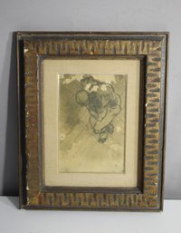 Vintage Framed Sketch Of Figure In Distressed Frame