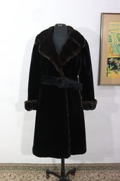 Vintage Borgana Faux Fur Coat  Size S/M  Black With Brown Trim & Belt  Young Dimensions By Sols Fifth Av