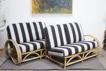 Vintage Rattan Lounge Loveseat Set  Mid-Century Coastal Style With Striped Cushions