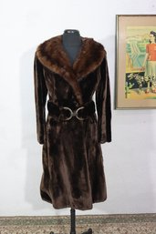 Vintage Castaldi Custom Made Fur Coat  Size Small  Rich Brown With Belt & Embroidered Satin Lining