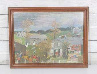 Framed Folk Art Country Village Print  Americana Farm Scene Wall Art  15.5' X 20'