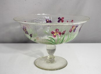 8.5'H X 12' Round Hand-Painted Pedestal Glass Compote Bowl  Floral Design