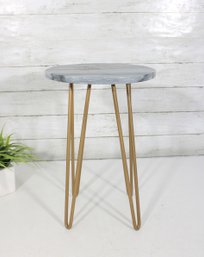 Gray Faux Marble Round Accent Side Table With Gold Hairpin Legs, 14.5'H