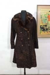 Vintage Brown Persian Lamb Fur Coat With Mink Collar  Size Small  Double-Breasted Classic Elegance