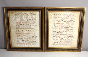 Pair Of Antique Illuminated Manuscript Music Sheets In Ornate Gold Frames