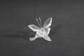 Swarovski Crystal Butterfly On Frosted Leaf Figurine Clear Crystal W/ Metal Antennae 2'