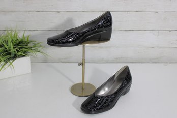 #92-Andiamo Black Croc-Embossed Leather Pumps  Comfort Wedge Heel  Size 6M