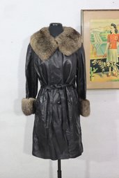 Vintage Black Leather Trench Coat  Size Small  Faux Fur Collar & Cuffs, Belted Waist