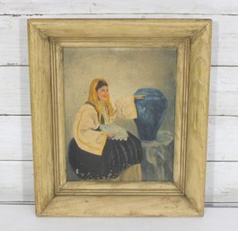 Vintage Framed Portrait Print  Woman In Traditional Dress W/ Blue Vase  Folk Style Wall Art  13.5' X 11.5'
