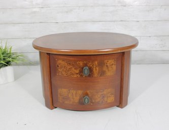 Round Wooden Jewelry Box Chest With 2 Drawers, Burlwood Style, 16' Wide