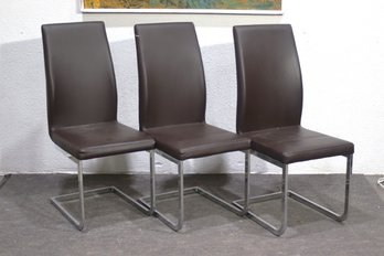 Set Of 3 Modern Cantilever Dining Chairs  Brown Faux Leather & Chrome Frame