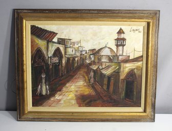 Vintage Signed 'Lazar 966' Middle Eastern Street Scene Painting