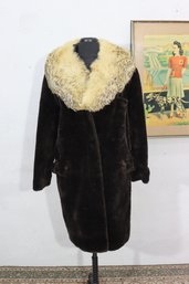 Vintage Express Faux Fur Coat  Size Medium  Chocolate Brown With Cream Collar  Made In USA