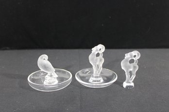 Lalique France Frosted Crystal Ram & Bird Pin Dishes W/ Ram Figurine Set (3)