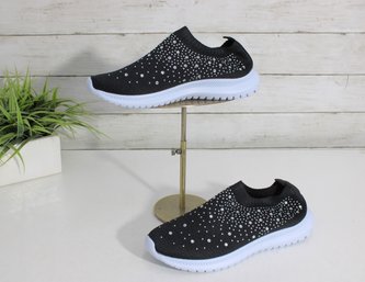 #93-Black Rhinestone Slip-On Sneakers  Sparkle Knit Comfort Shoes  EU Size 41