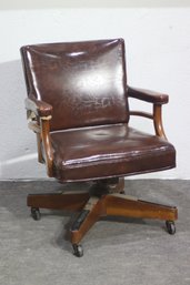 Vintage Mid-Century Leather & Wood Swivel Office Chair  Classic Executive Style