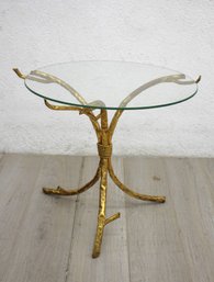 Vintage 20' Round Glass Top Side Table With Gold Metal Base