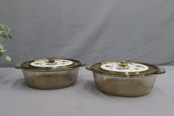 Two Georges Briard Butterfly Decorated Round Glass Bakers