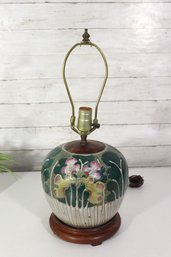 Vintage Hand-Painted Ceramic Table Lamp  Floral Motif  Wood Base  Working
