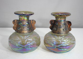 Pair Of Mid-Century Iridescent Green Glass & Metal Encased Vases  7 Tall
