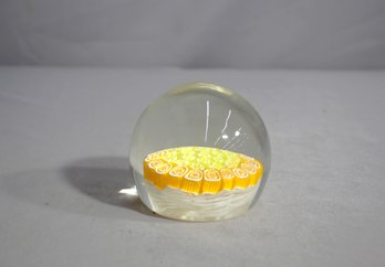 Vintage Murano Millefiori Paperweight With Yellow And White Floral Design