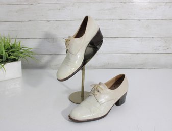 #96-Vintage White Leather Oxford Heels  Lace-Up Block Heel Shoes  EU Size 37