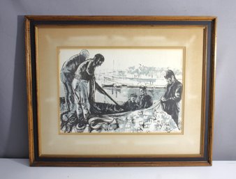 Pencil-Signed Framed Artwork Of Fishermen At Work