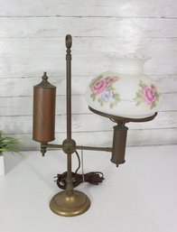 Antique Brass Student Oil Lamp Converted To Electric  Floral Glass Shade  Untested