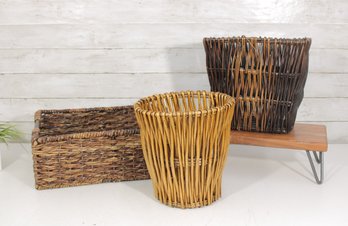 Set Of 3 Woven Wicker Baskets With Wooden Display Stand, Rustic Boho Decor