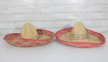 Pair Of Woven Straw Sombrero Hats  Decorative Fiesta Party Props / Wall Decor