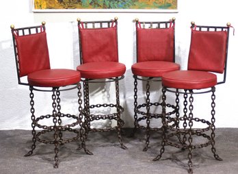 Set Of 4 Vintage Swivel Chain Link Bar Stools  Red Vinyl Seats, Industrial Style