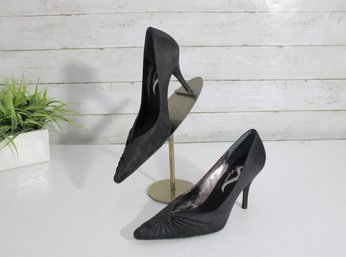 #97-Nina Black Satin Heels  Ruched Pointed-Toe Pumps  EU Size 38.5