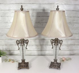Pair Of Decorative Table Lamps  Ornate Metal & Glass Bases With Fabric Shades  Working