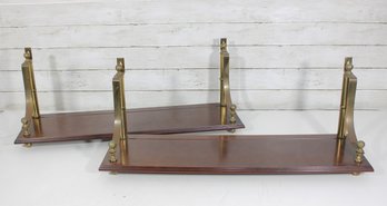 Pair Of Mid-Century Style Wall Shelves With Brass Tone Supports & Wood Shelves, 30'