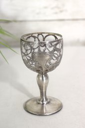 Antique Art Nouveau Silver Overlay Wine Glass  Etched Floral Design  5' Tall