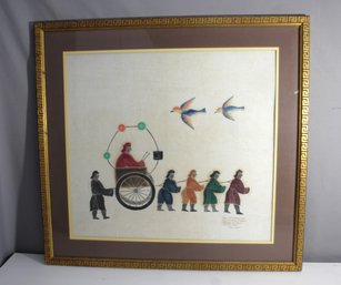 Vintage Chinese Folk Art Lithograph With Wheel Cart Procession, 1975