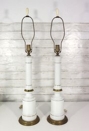 Pair Of Vintage White Ceramic Table Lamps With Brass Accents  Classic Traditional Style