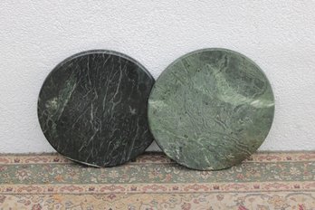 Pair Of Green Marble Round Table Tops Or Display Bases, 12' Diameter