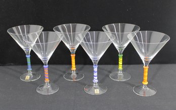 Set Of 6 Eisch Handarbeit Art Glass Martini Glasses Multicolor Stem 7.25' H