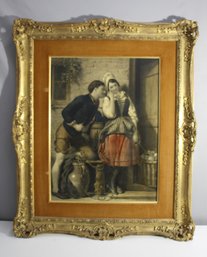 Vintage Framed Romantic Scene Print With Ornate Gilded Frame