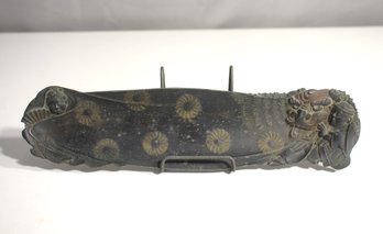 Antique Bronze Asian Dragon And Mask Decorative Tray With Detailed Reliefs  2.5 X 10.5'