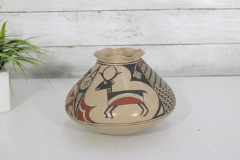 Signed Southwest Native American Style Pottery Vase  Hand Painted Deer Motif  6' Tall