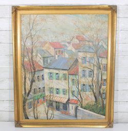 Signed European Village Street Scene Painting  Framed Impressionist Style  34' X 28'