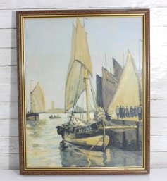 Signed Harbor Sailboats Painting  Nautical Dock Scene  Framed  30.5' X 24.5'